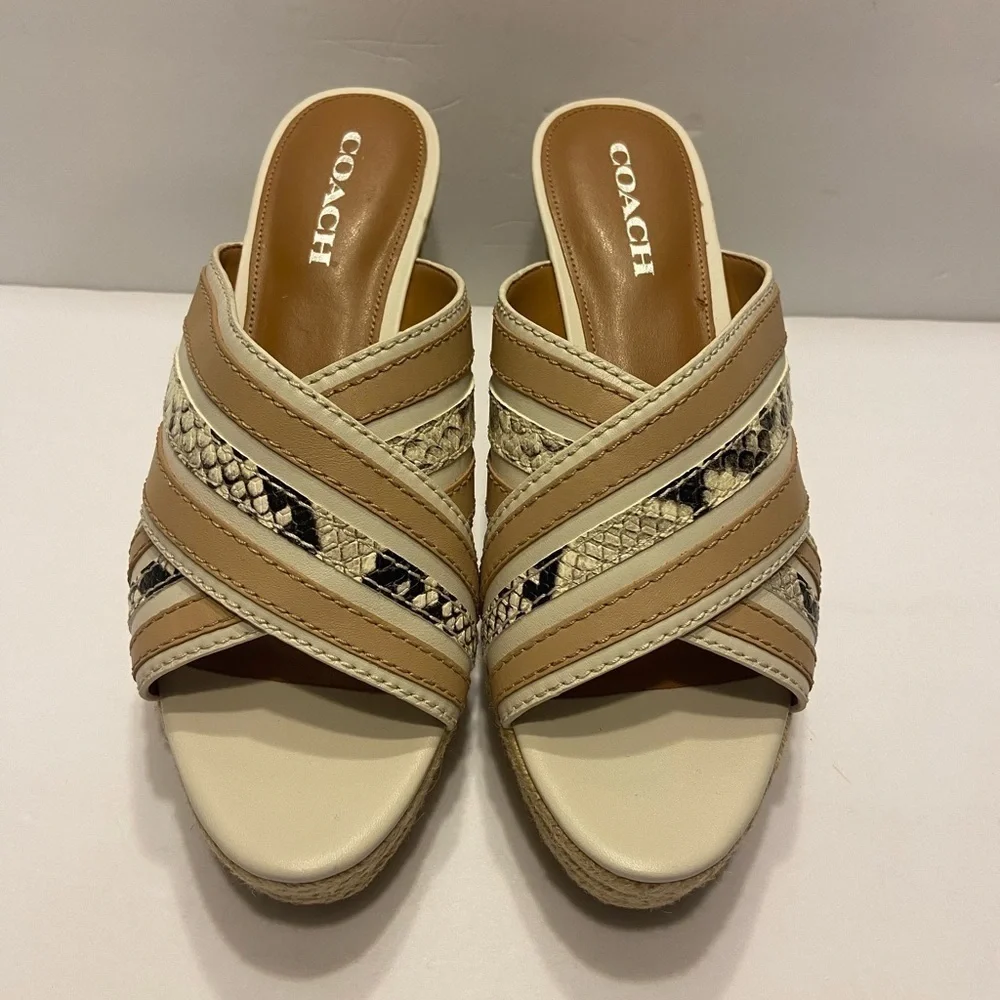 Brand New Coach Florentine Open Toe Leather Wedge Sandals Chalk Sz 10
